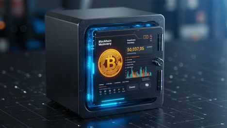 a modern cryptocurrency vault showcasing bitcoin value and blockchain technology insights in an innovative digital environment