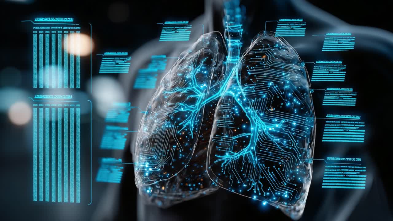 A High-Tech View of Lungs: An Artistic Representation Featuring Luminous Networks and Data Visualizations Illustrating Pulmonary Anatomy and Function