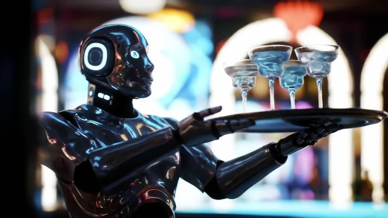 A futuristic humanoid robot showcases its impressive dexterity while skillfully serving drinks on a tray, embodying the blend of technology and hospitality in a vibrant setting.