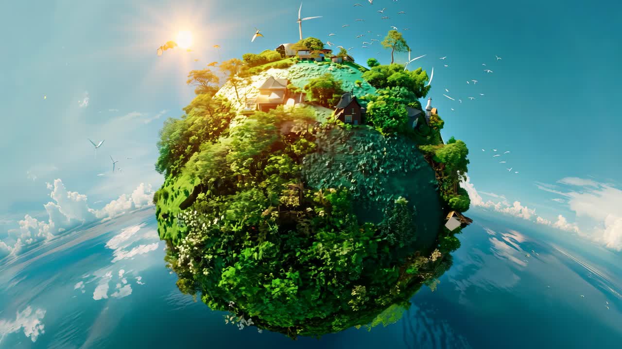 A small planet with a house on it and a lot of trees. The house is surrounded by a lot of greenery