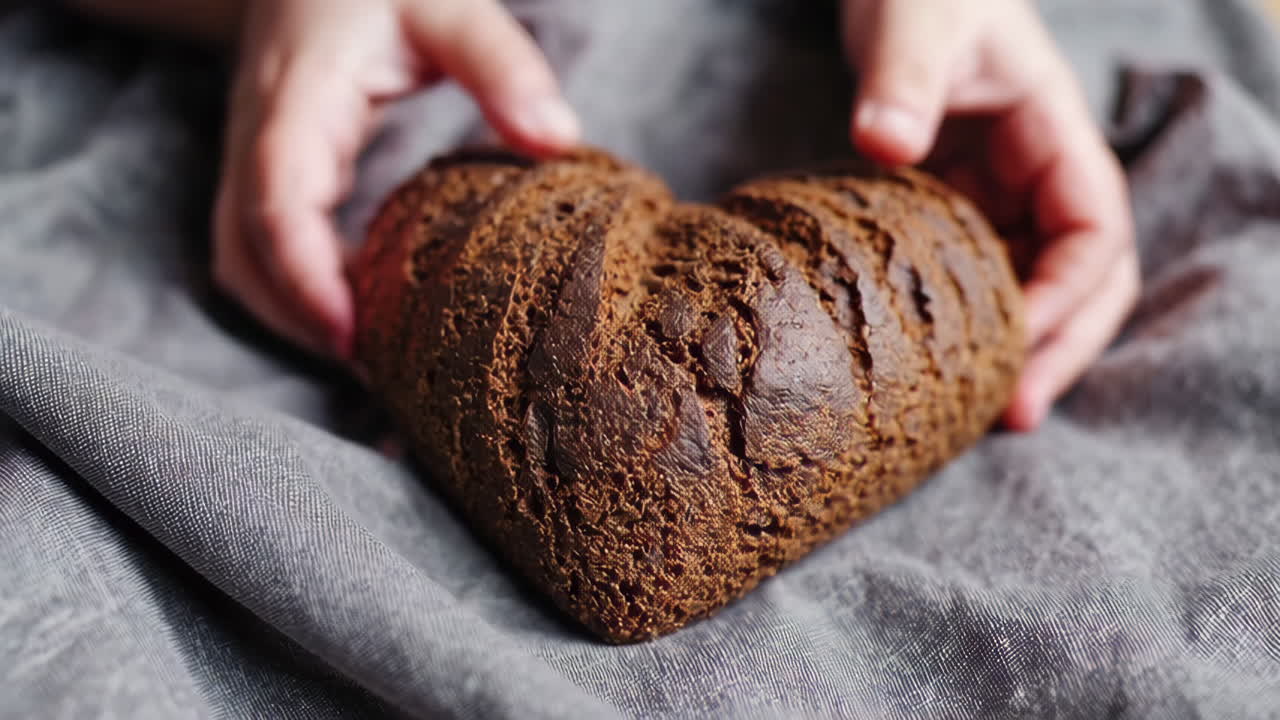 Heart-shaped bread held by hands on a grey cloth