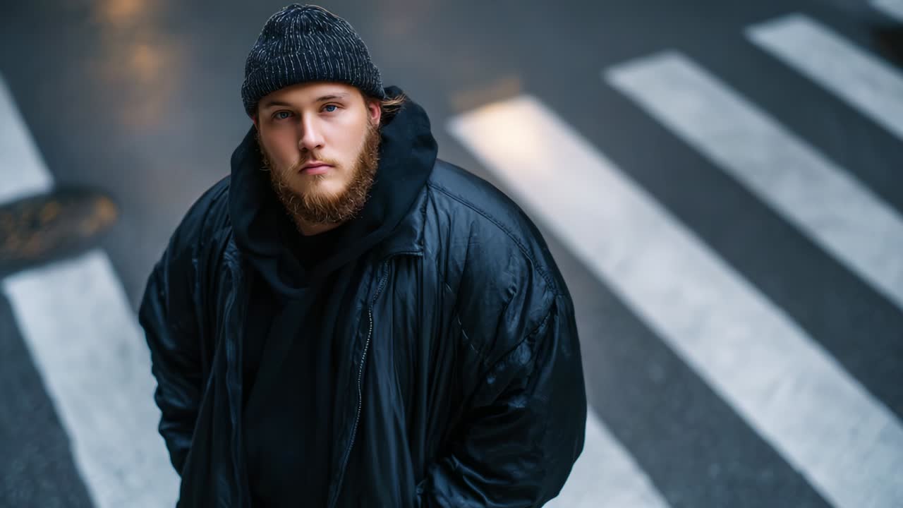 A Young Man in a Black Oversized Jacket and Beanie Stands Thoughtfully on a Rainy Street, Captured in Two Frames. The Urban Background Frames His Pensive Expression Against a Crosswalk