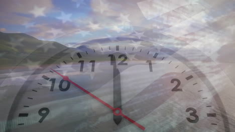 animación de manos en movimiento rápido en el reloj sobre la bandera estadounidense y la playa con cielo nublado