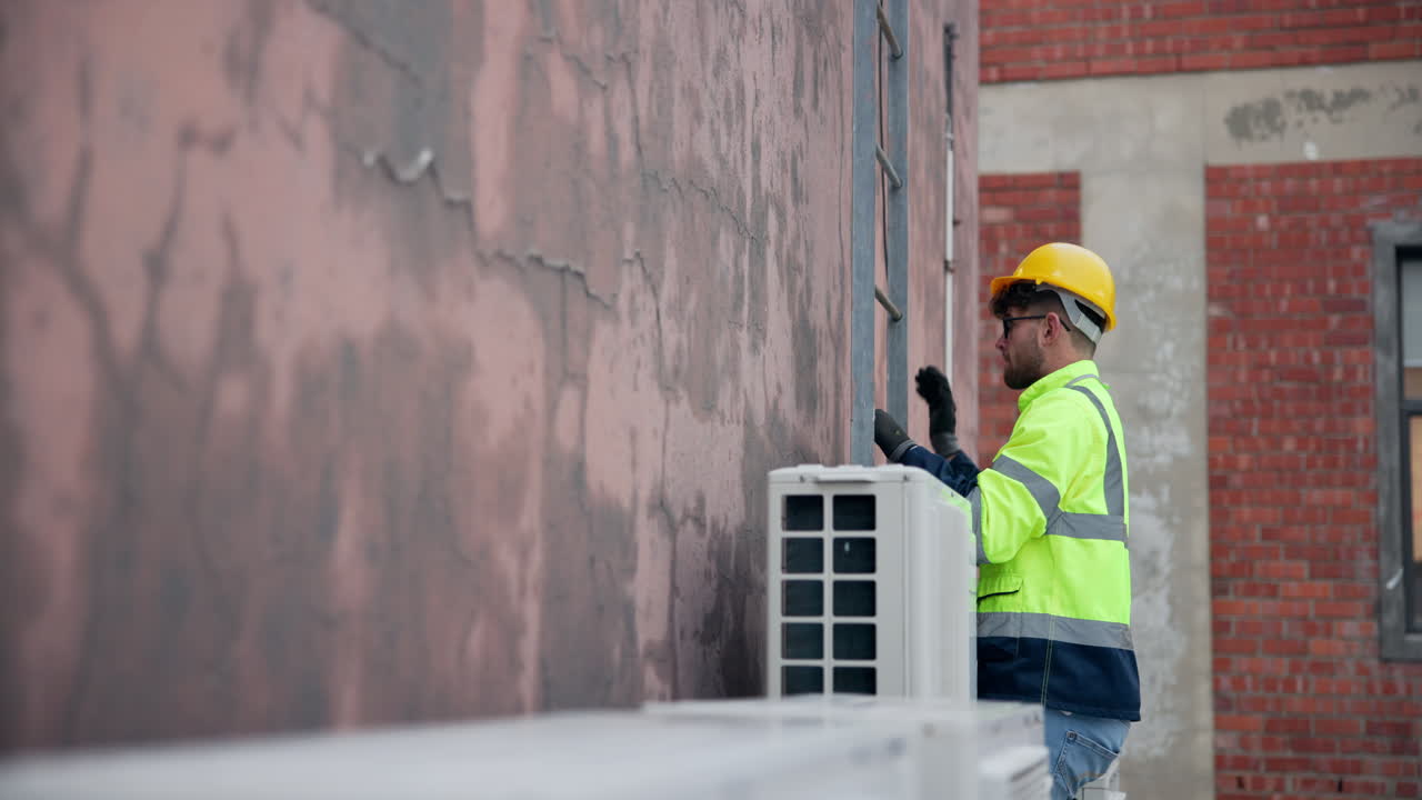 Construction worker climbing ladder on building exterior