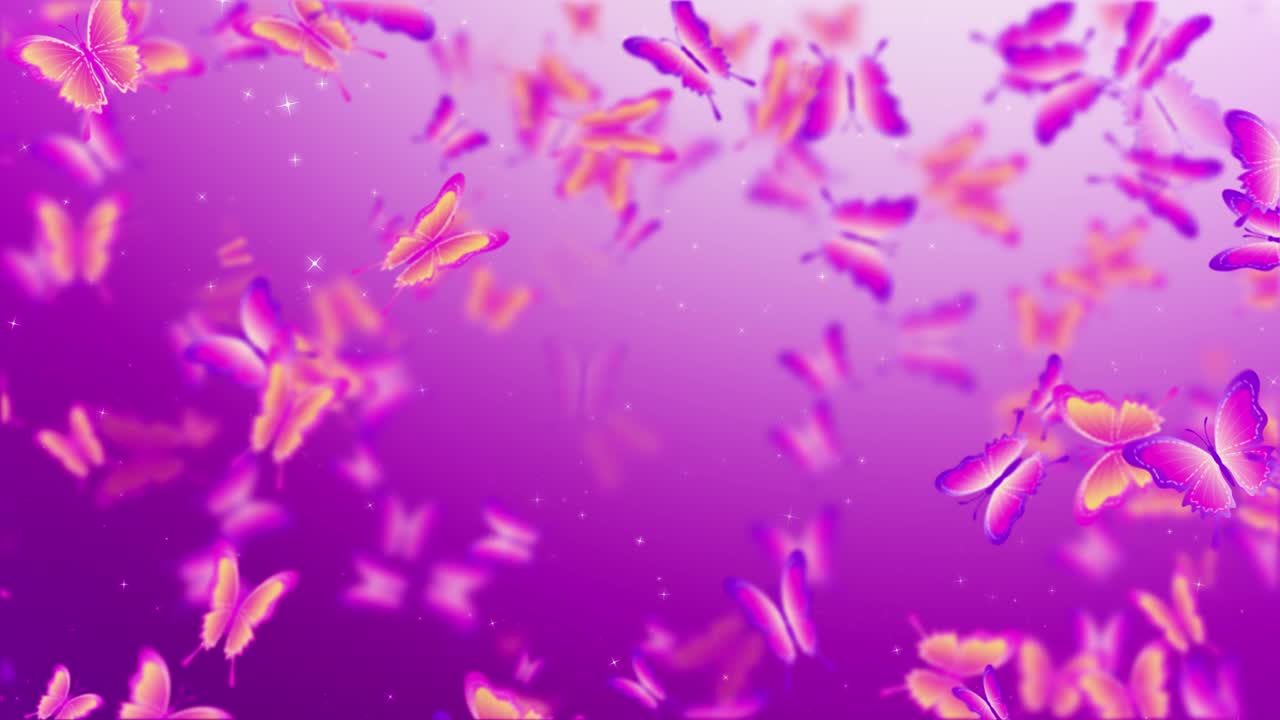 vista mágica de arriba púrpura rosa borroso enfoque enjambre de mariposas volando esparcidos en el aire con pequeñas estrellas brillantes de fondo