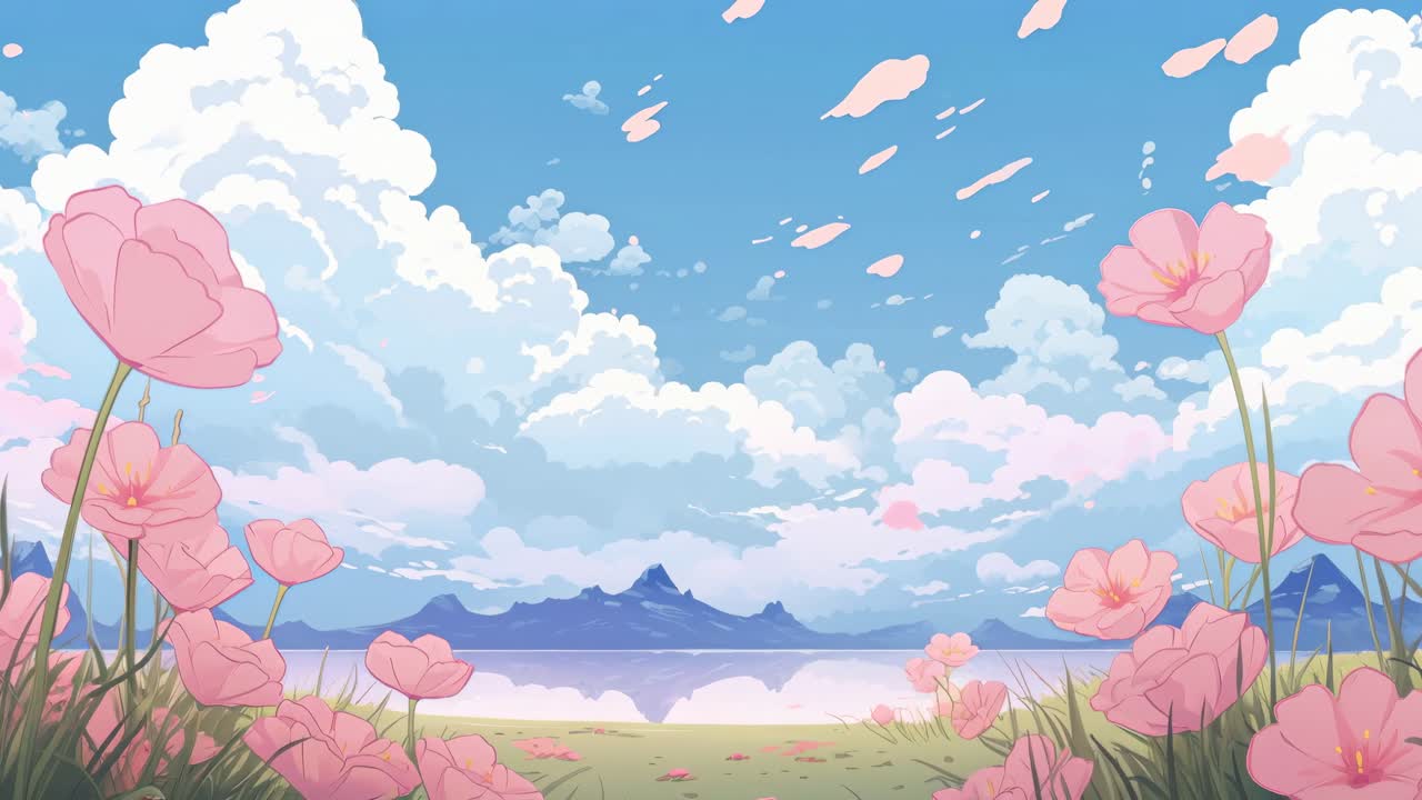 Vibrant anime-style landscape with pink flowers in the foreground
