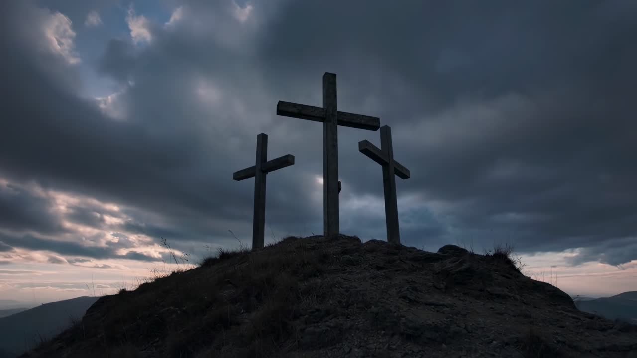 Dramatický videozáznam tří křížů na kopci z nízkého úhlu kamery na pozadí náladové oblohy