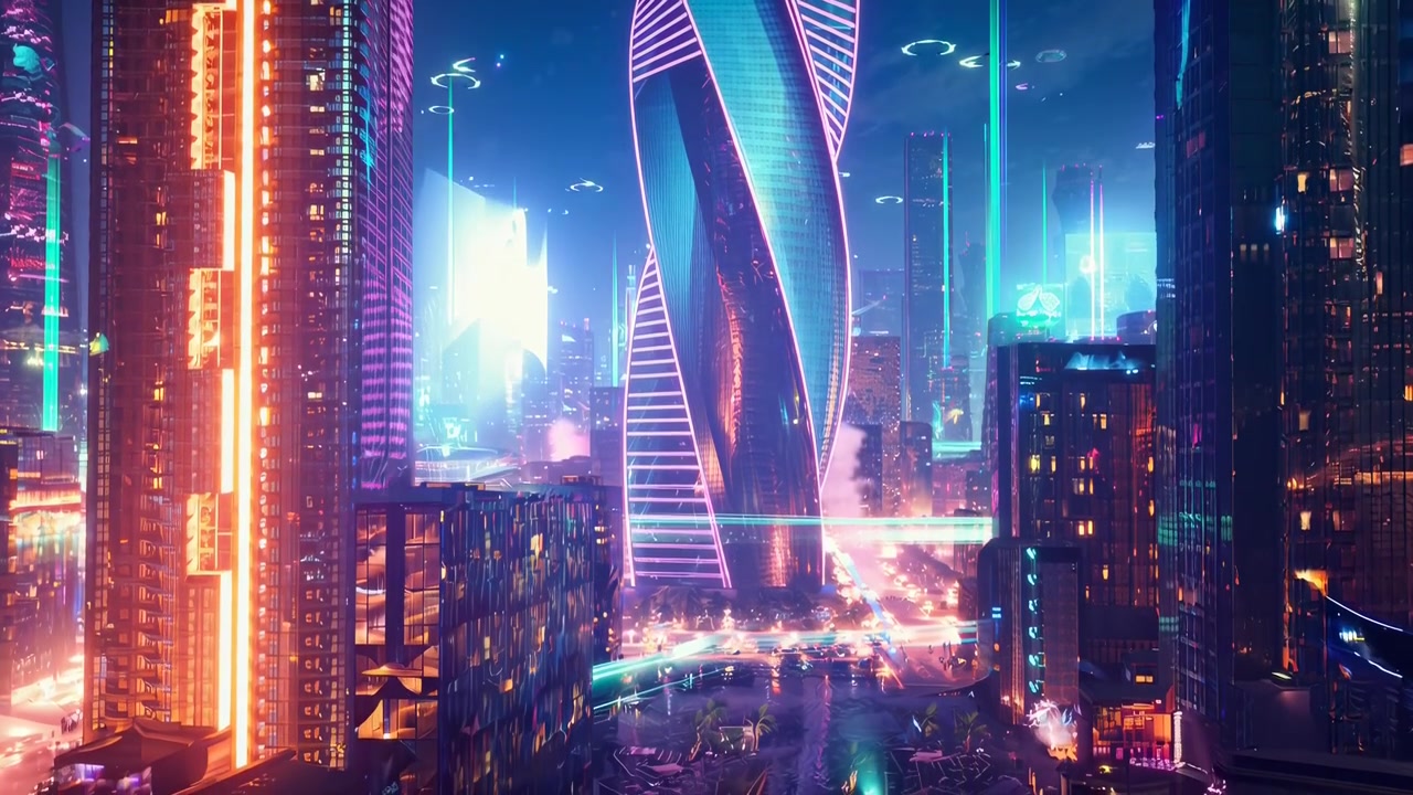Vibrant Futuristic Cityscape with Glowing Neon Skyscrapers and Light Trails