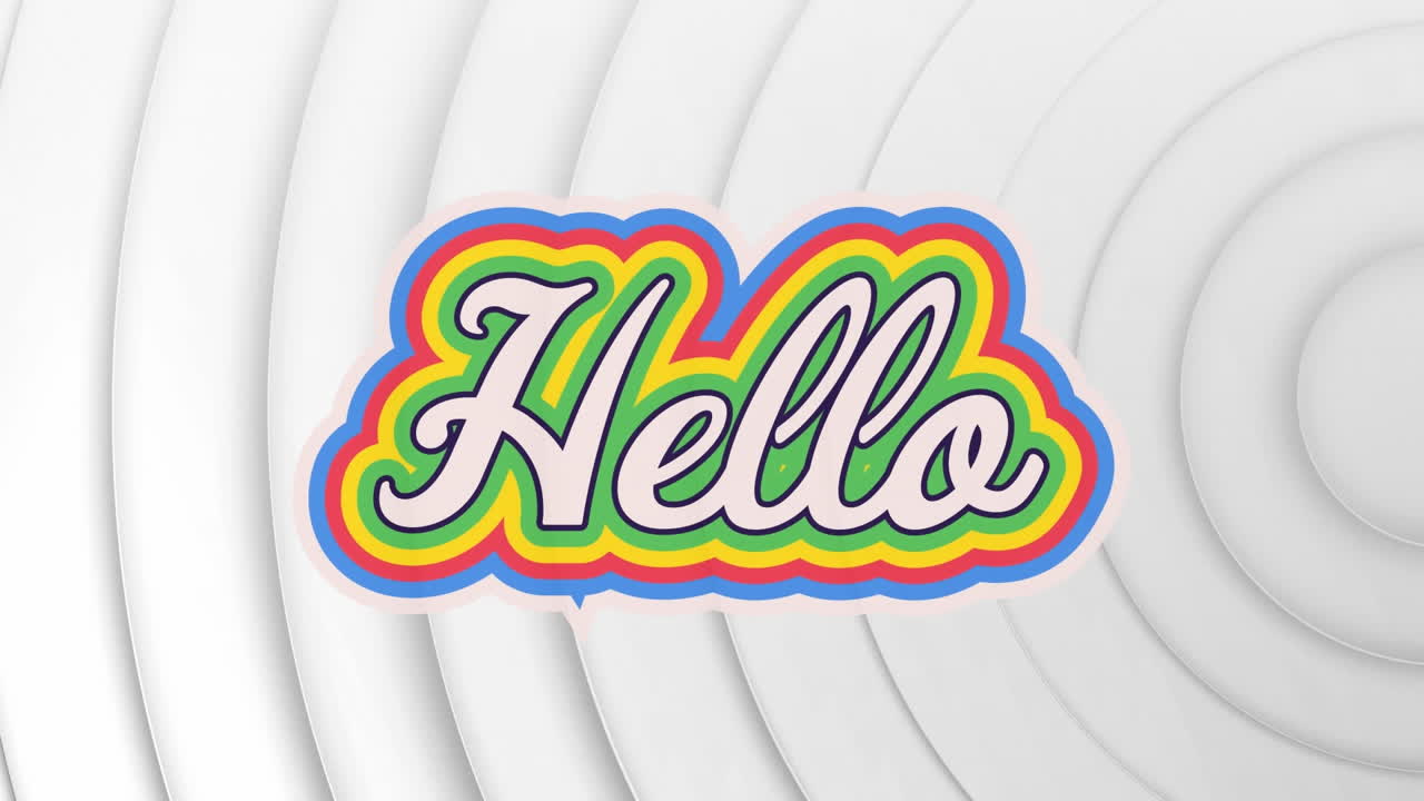 Animation of hello text banner over concentric circles against white background