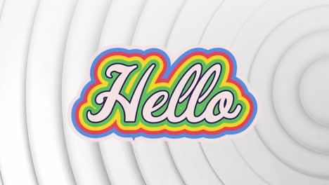 animación de un estandarte de texto de saludo sobre círculos concéntricos contra un fondo blanco