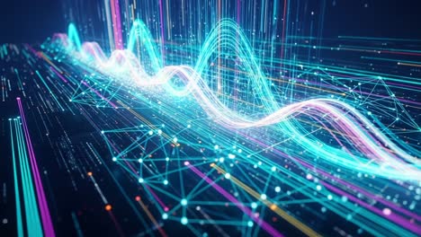A Stunning Visualization of Dynamic Wave Patterns and Data Streams, Capturing the Essence of Energy Transfer and Digital Connectivity in a Futuristic Environment