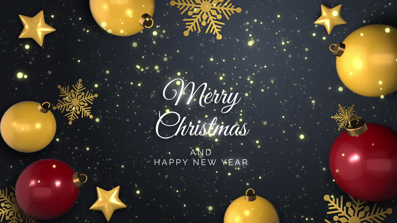 Christmas background for holiday greeting card. Golden decoration ornament with Christmas ball on black loop background with snowflake pattern. Gold calligraphy lettering New Year