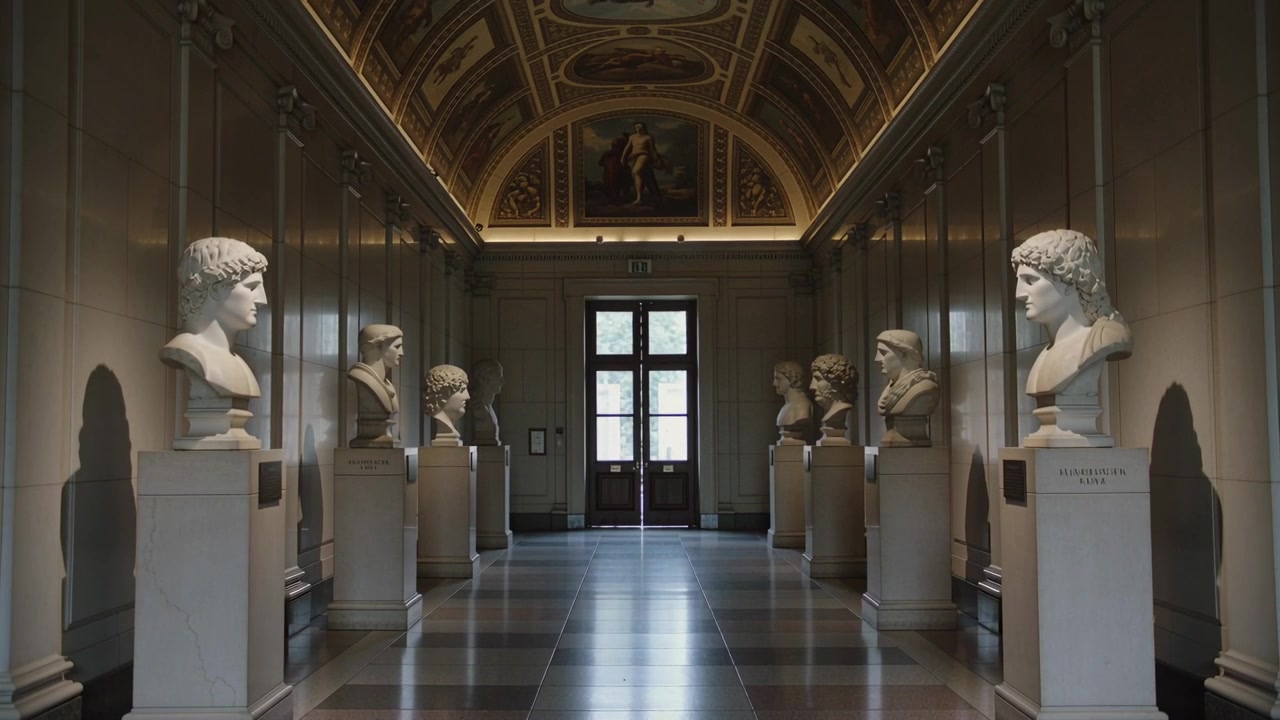 La telecamera avanza rivelando il corridoio centrale del museo per mostrare busti in marmo accoppiati su piedistalli