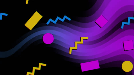 animation of diverse shapes over black background with blue and violet waves