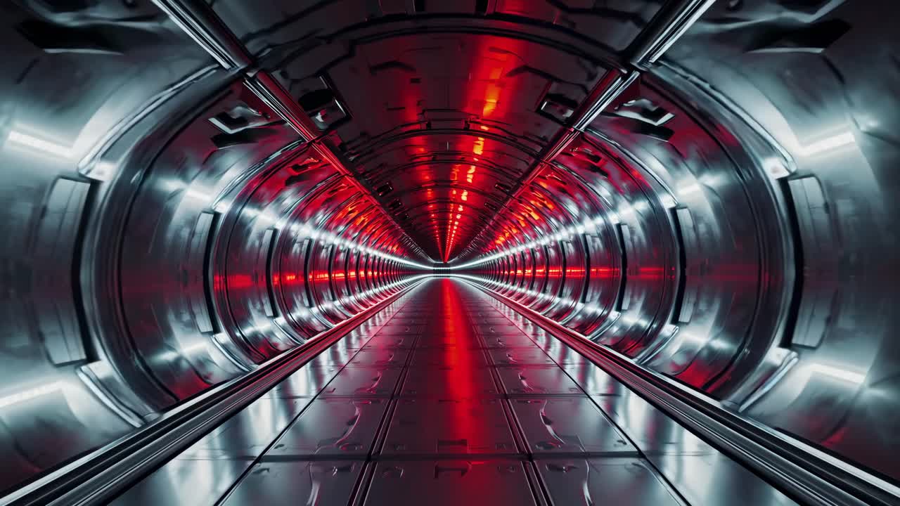 Futuristic Metal Tunnel with Red Lights