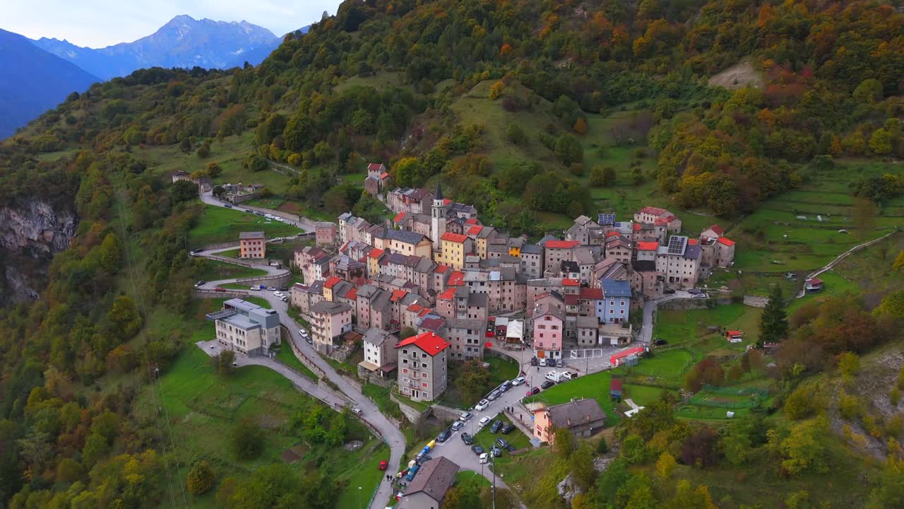Aerial View of a Charming Mountain Village in Autumn