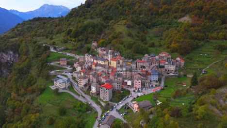 aerial view of a charming mountain village in autumn