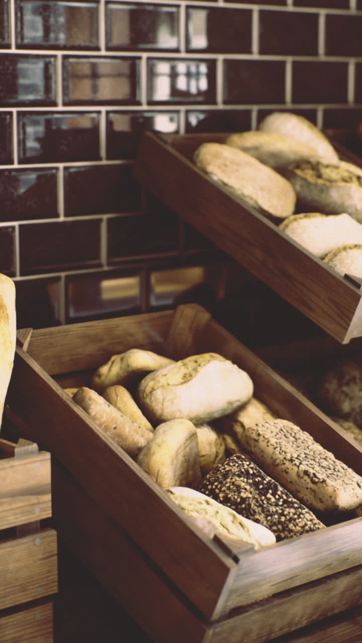 Delicious assortment of freshly baked bread displayed on rustic shelves
