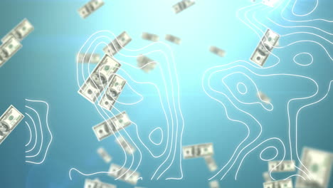 animation of white lines and dollar bills falling on blue background