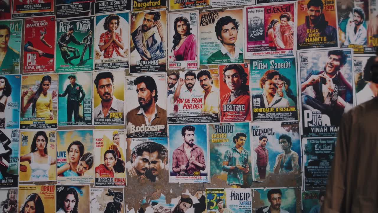 Man in traditional attire walks past vibrant movie posters on a wall, showcasing a dynamic urban scene with cultural elements and artistic expressions