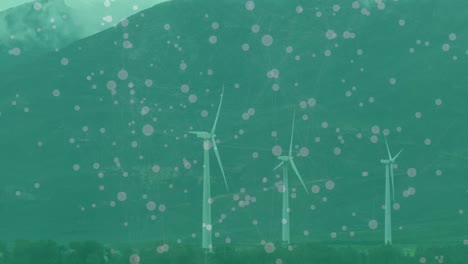 animation of network of connections with icons over wind turbines