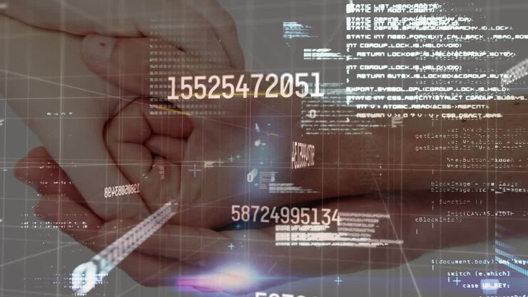 Animazione di numeri che cambiano, codici binari, linguaggio informatico, coppia multietnica che si tiene per mano