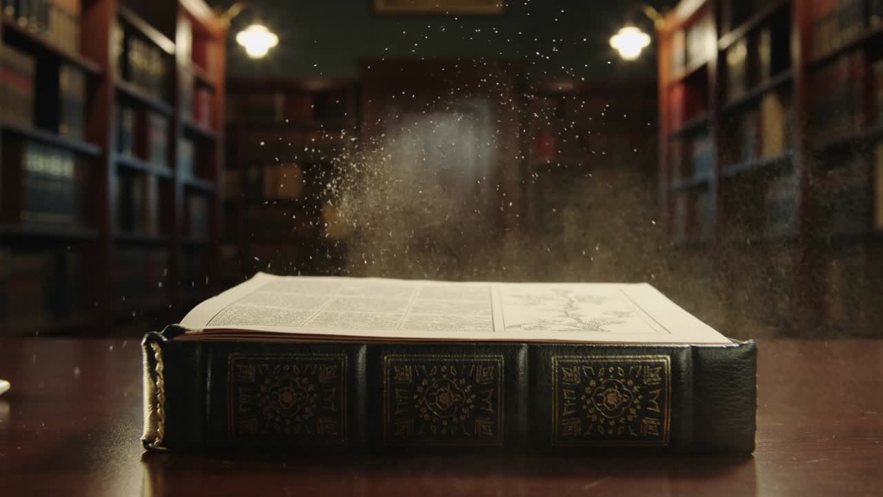 Sfogliare le pagine di un libro in pelle ornato, rilasciando polvere su un tavolo lucido in una biblioteca, lampade.
