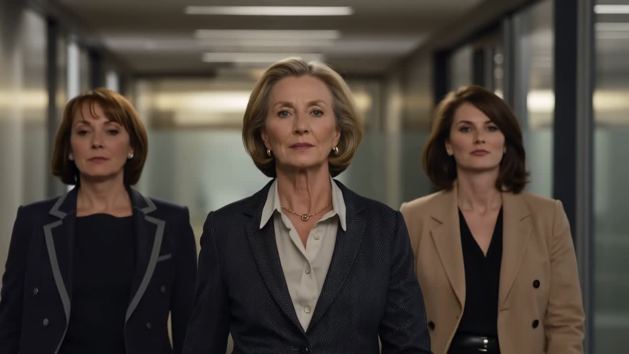 Walking exec trio heading toward camera in office hall, camera rolling for meeting wearing suits