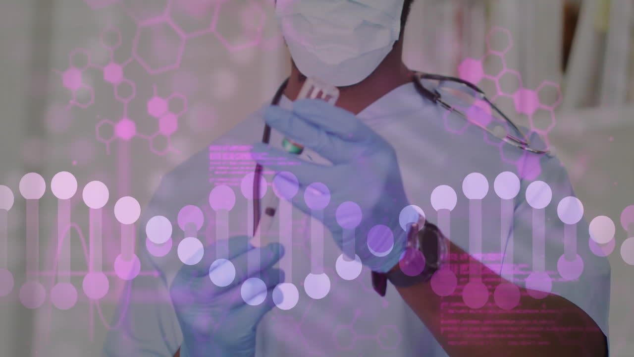 Animation of data processing and dna strand over biracial male doctor holding vaccine