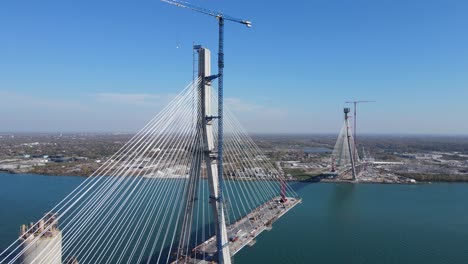 Massive-bridge-under-construction-to-connect-Detroit-with-Winsor,-aerial-view