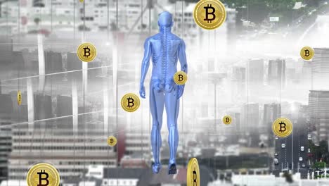 animación de la caída de bitcoin canta y modelo del cuerpo humano sobre el paisaje urbano