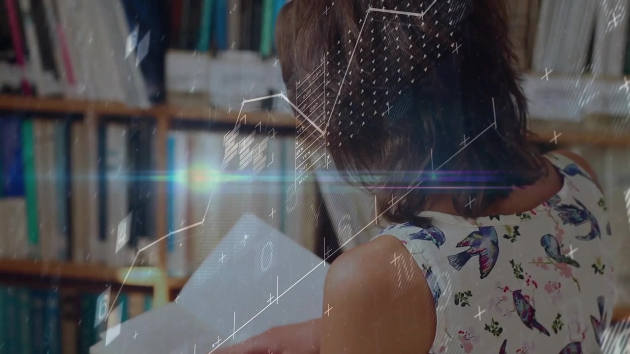 Woman scanning text initiating tech overlays forming graph and meshes on shelves for data analysis