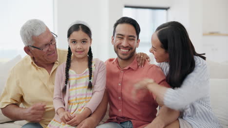 happy, tickling and child with parents