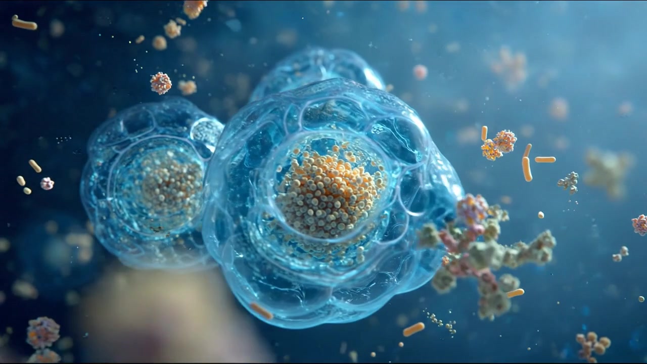 Transparent Biological Cells With Visible Organelles Floating in Blue Fluid