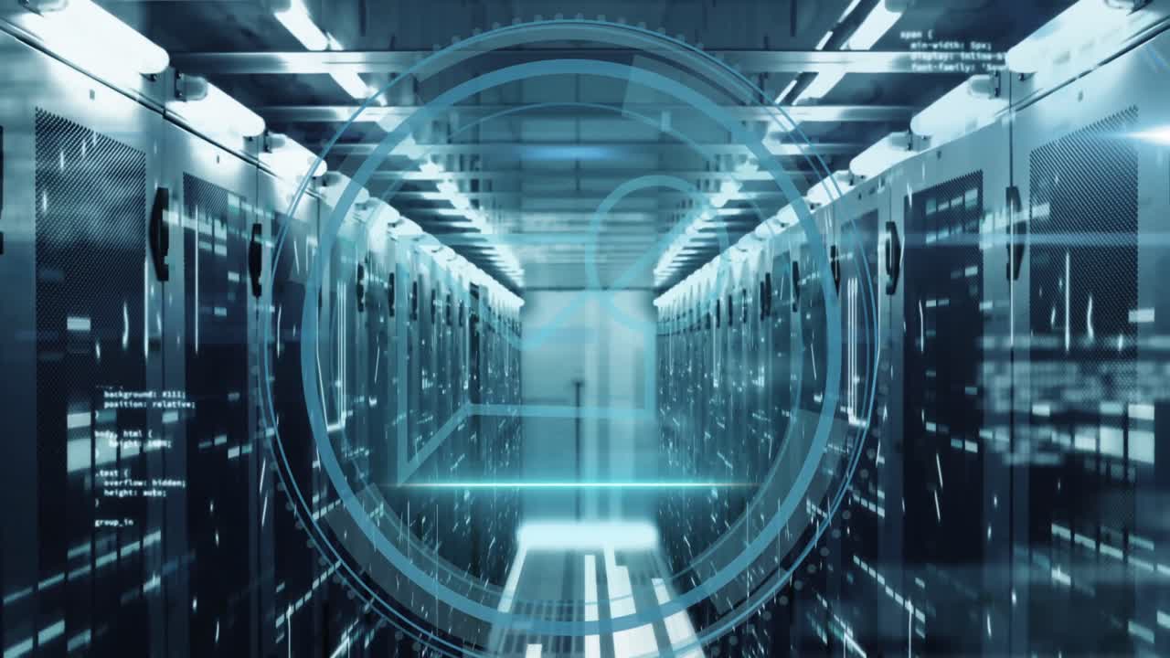 사이버 보안 텍스트 배너, 데이터 처리 및 모자이크 사각형의 애니메이션 서버  ⁇