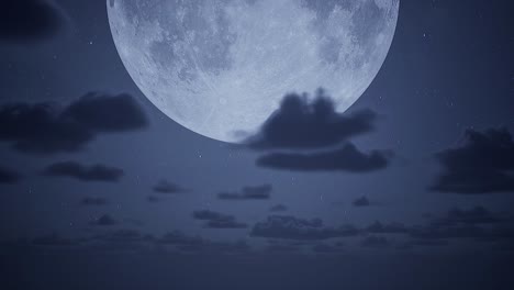 NIght-sky-with-full-moon-at-the-top-of-the-frame,-bright-stars-and-volumetric-clouds-passing-by-3D-animation