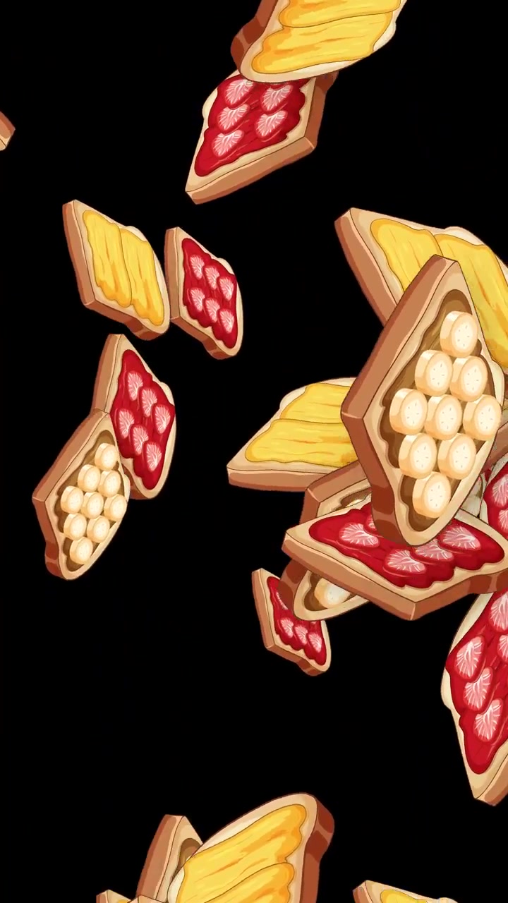 Animazione grafica di varie fette di pane tostato con guarnizioni di frutta che cadono su uno sfondo nero