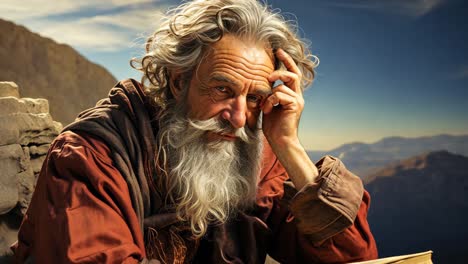 wise elder contemplating life while reading a book in nature