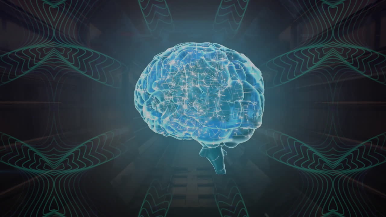 Animation of rotating glowing blue brain and network on dark background