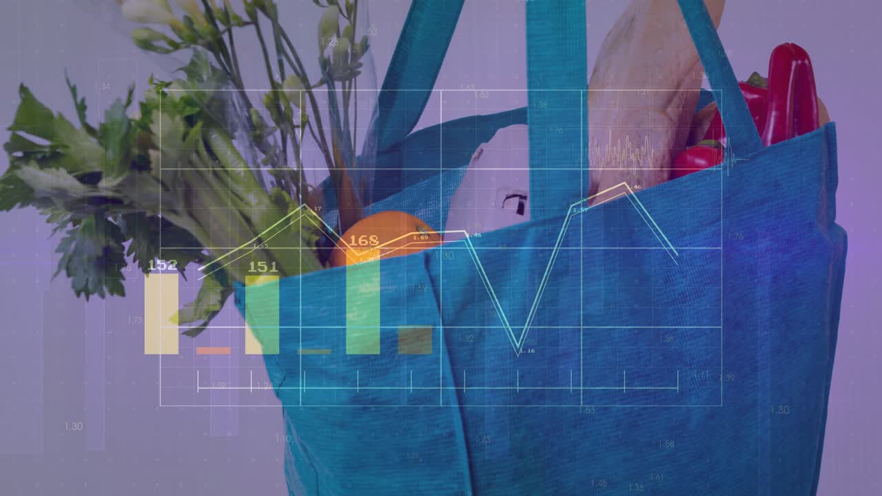 Overlay fading in, animated charts growing and tracing orange on turquoise tote visualizing sales