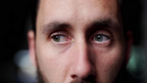 Eyes-close-up-of-young-Caucasian-male,-eyeball-moving-fast-around-with-nervous-eye-blinking