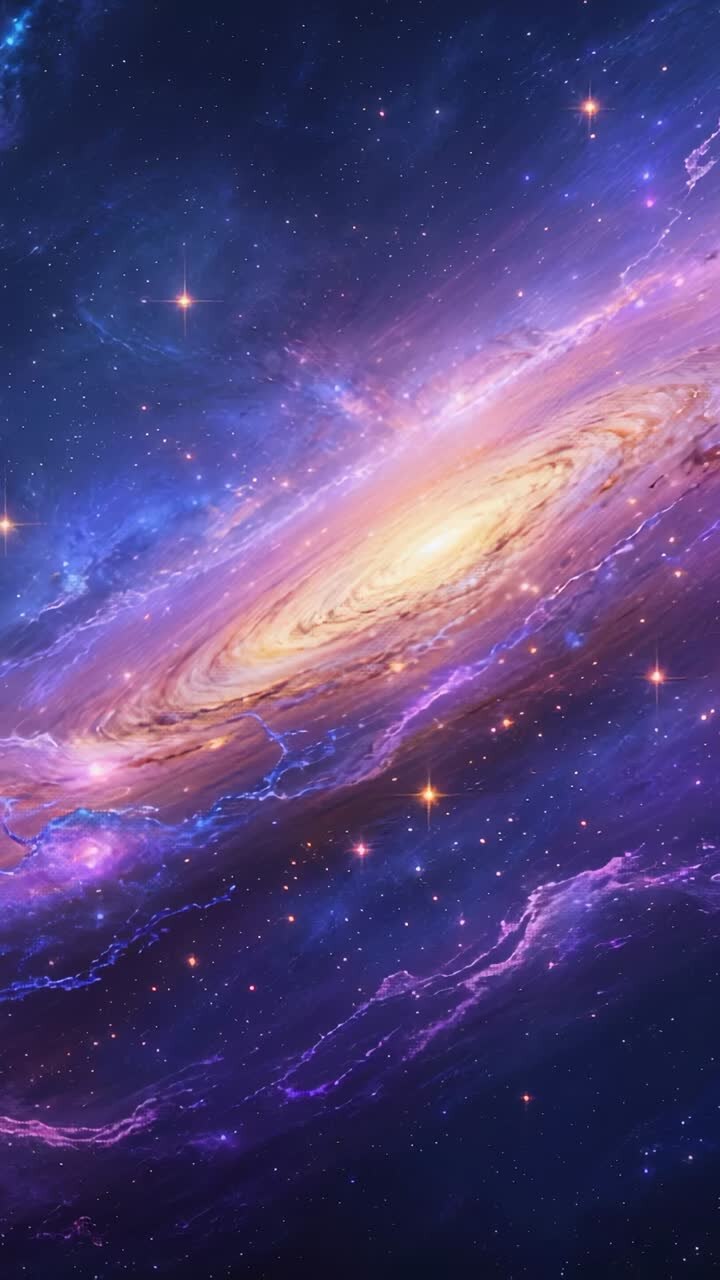 Vertical video: Launching telescope streaming spiral galaxy in cosmos, revealing core, dust arms