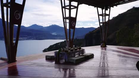 Table-set-for-a-meal-with-amazing-view-of-Lake-Atitlan,-Guatemala