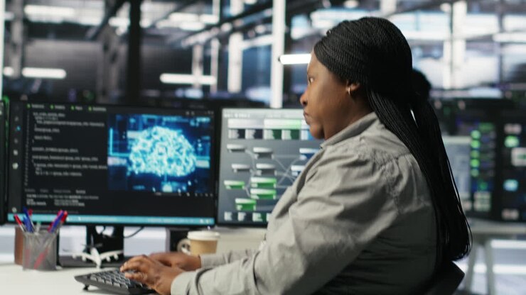 Data center employee deploying AI solutions optimizing equipment