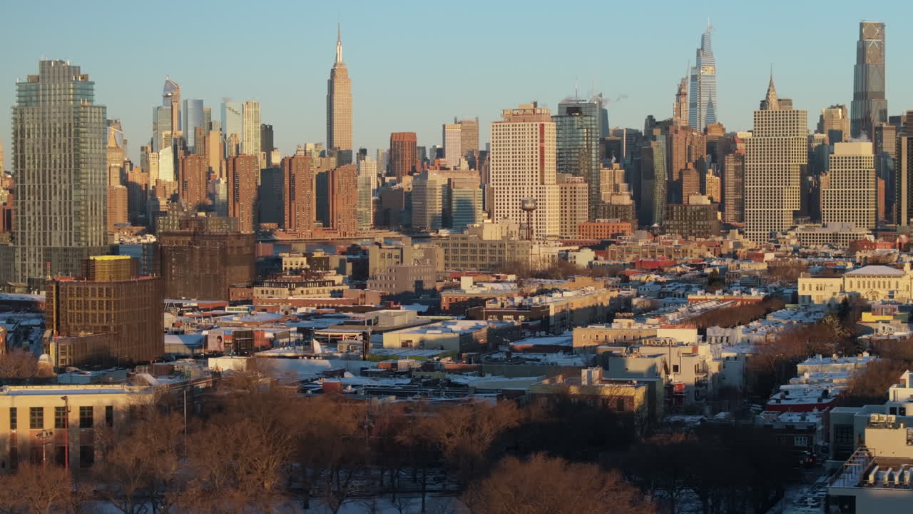 Aerial view of New York City on a winter morning. Shot in Brooklyn