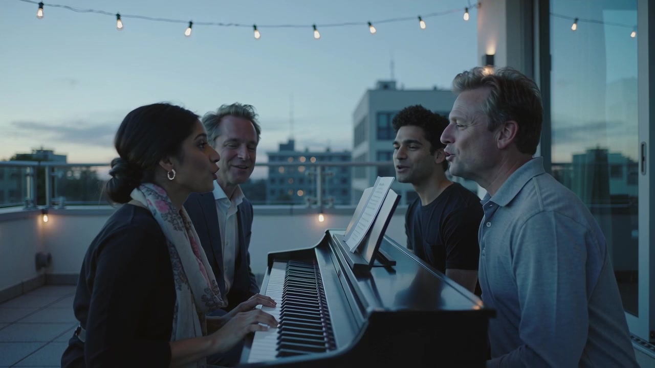 Placing hands on keys, woman with scarf at piano playing and leading friends singing on rooftop