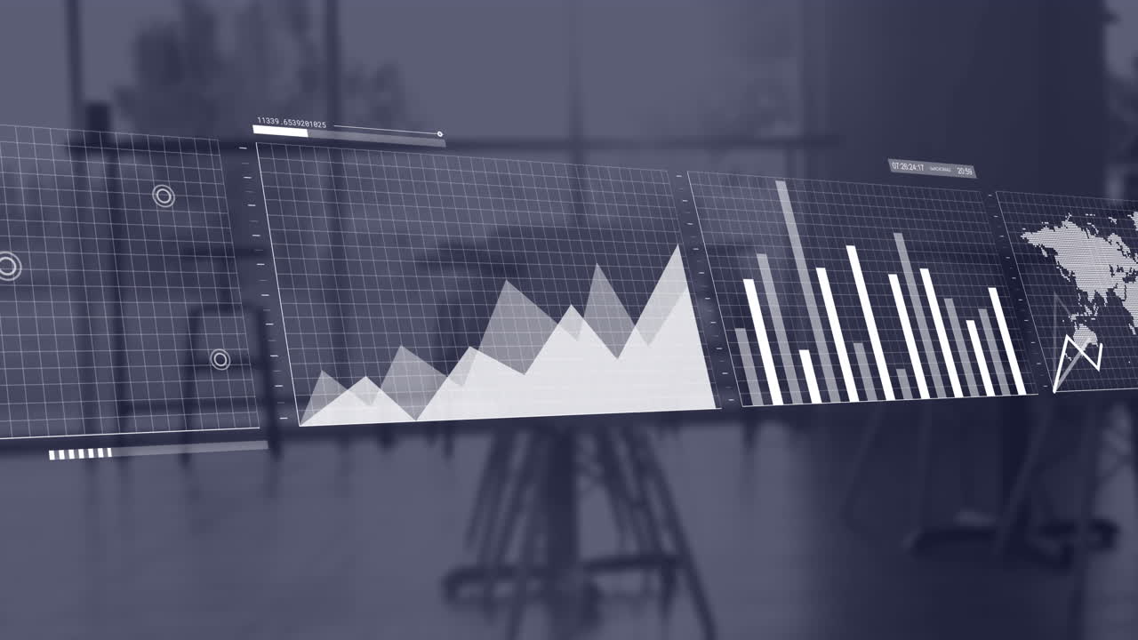 animación de múltiples pantallas de hud con informes y mapa sobre sillas vacías en la oficina