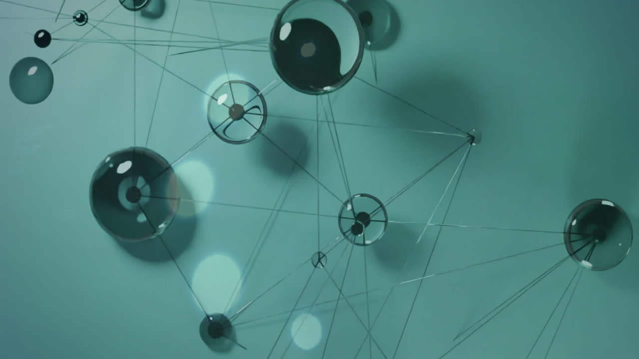 анимация обработки данных, показывающая сеть взаимосвязанных узлов и линий