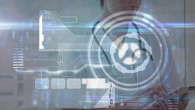 Animation of data processing over caucasian female doctor