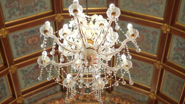 Elegante lampada da chiesa con dettagli in vetro e disegni artistici sul soffitto in una chiesa cristiana
